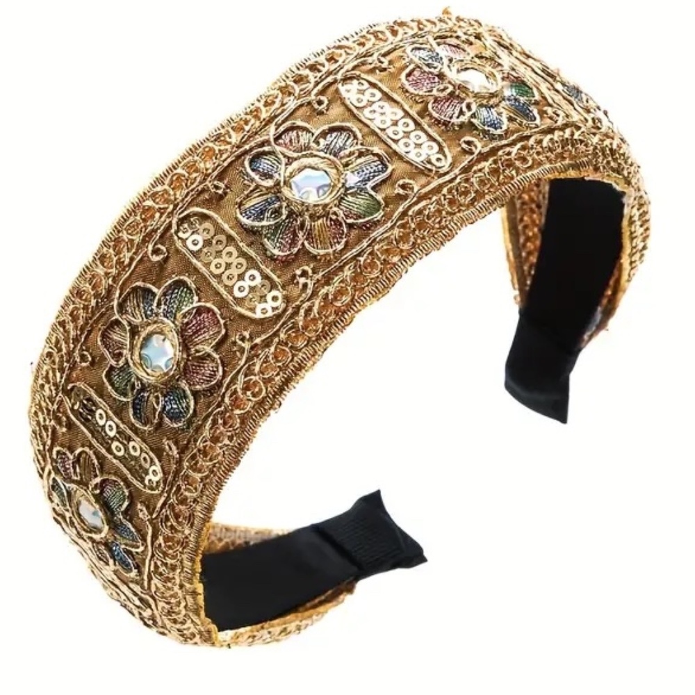 New Golden & Silver Embroidered Headband w iridescent crystals